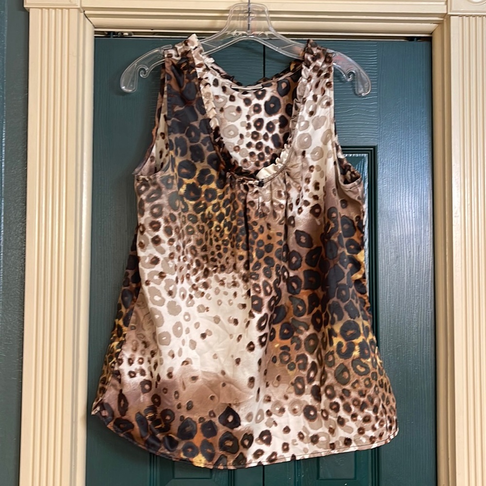dressbarn, tank animal print blouse with ruffle collar.